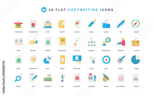 Content creation, pen and pencil to write notes and correct article draft, storytelling color icon set. Creative idea copyright protection, fiction and poetry flat elements vector illustration