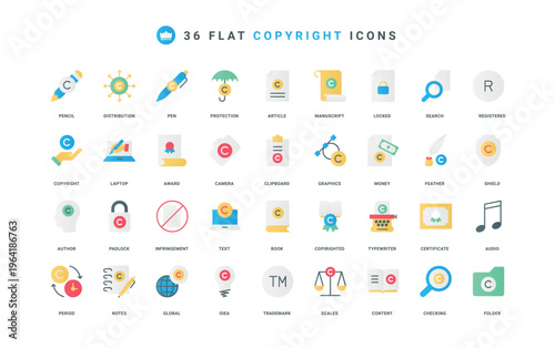 Trademark content and brand copyright, patent protection, intellectual property and trade secret color icon set. Legal guarantee for author ownership, certificate flat elements vector illustration