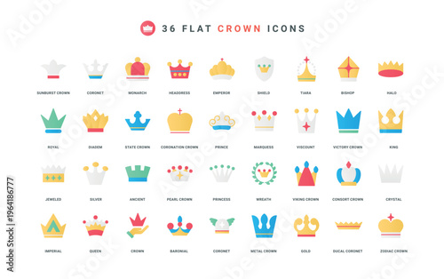 Crown of queen and king, princess and prince, imperial emblem and luxury award color icon set. Royal label and retro winners trophy, jewelry of monarch and emperor flat elements vector illustration