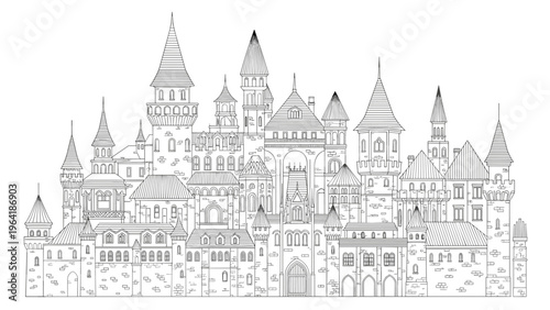 Intricately detailed black and white line drawing of a majestic fantasy castle or historical city, featuring numerous towers and architectural elements.