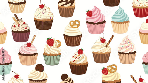 Delightful seamless pattern featuring an assortment of colorful and intricately decorated cupcakes with various toppings, perfect for sweet designs.