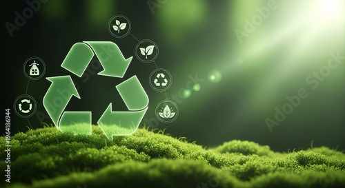 Glowing recycling symbol with ecofriendly icons on green moss background