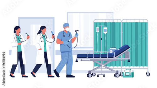 Busy hospital emergency room scene with doctors and medical staff preparing a gurney and equipment for critical patient care.