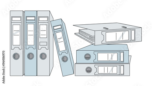 Organized collection of ring binders in blue and gray, neatly arranged and stacked, symbolizing office organization, documentation, and archival.