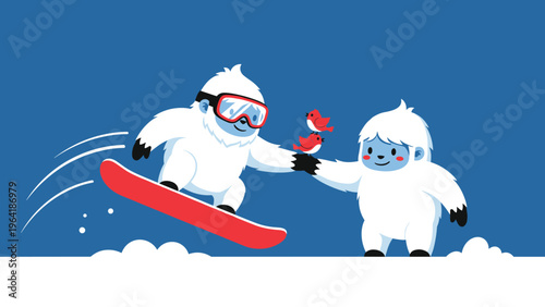 Cheerful illustration of two adorable yeti creatures playing in the snow, one snowboarding and the other holding small red birds, symbolizing winter fun.