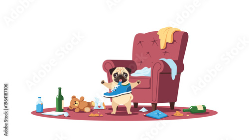 Adorable pug dog with a blue shoe in its mouth, standing amidst a messy room with overturned items and scattered clothes, showcasing mischievous pet behavior.