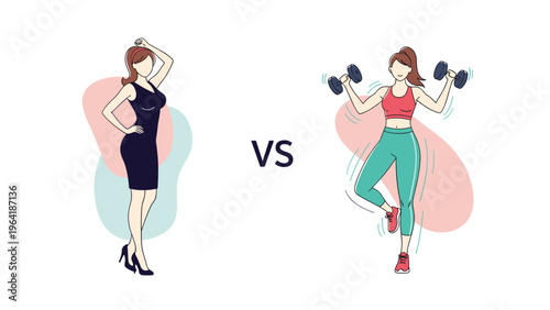 Visual comparison illustrating a slim woman in an elegant dress versus a muscular woman lifting weights, symbolizing different body types and lifestyles.