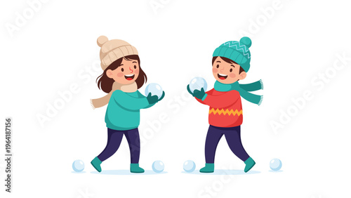 Joyful illustration of two happy children bundled in winter clothes, playfully throwing snowballs and enjoying a fun winter day.
