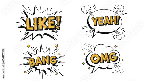 Dynamic collection of comic speech bubbles featuring popular expressions like "Like!", "Yeah!", "Bang!", and "OMG!", in an exciting pop art style.