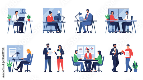 Diverse collection of office scenes depicting people working individually at desks, collaborating in meetings, and interacting professionally in a modern workplace.