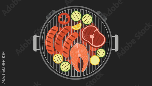 Delicious assortment of grilled food on a barbecue, including sausages, steak, salmon, and zucchini slices, ready for a flavorful outdoor meal.