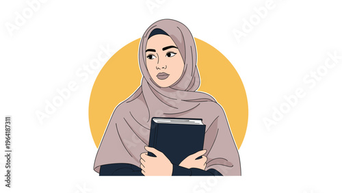 Thoughtful young Muslim woman wearing a beige hijab, holding a dark book close to her, set against a vibrant yellow circular background, representing education and faith.