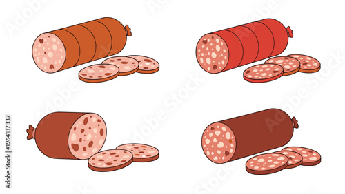 Assortment of classic smoked and cured sausages, both whole and thinly sliced, offering a variety of flavors and textures for culinary use.