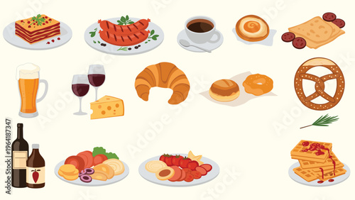 Diverse collection of European foods and drinks, including lasagna, sausages, coffee, pastries, pretzels, wine, and beer, representing continental cuisine.