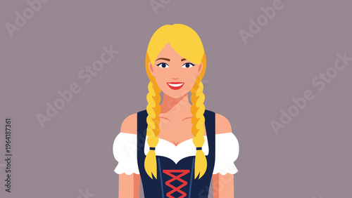 Joyful blonde woman with braided pigtails, dressed in a traditional Bavarian dirndl, smiling cheerfully against a neutral background.
