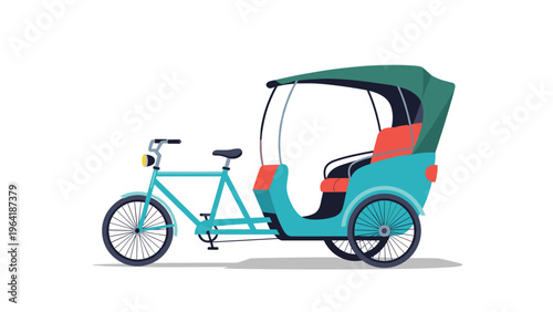Brightly colored light blue pedal rickshaw featuring a green canopy and comfortable red seats, isolated on a clean white background.