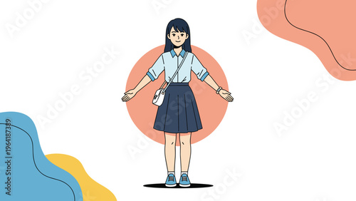 Cheerful Asian schoolgirl in a blue uniform and white shirt with a shoulder bag, standing with outstretched arms on a minimalist background.