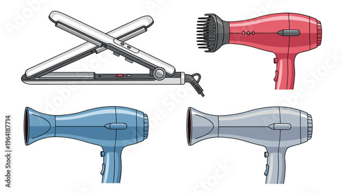 Comprehensive collection of hair styling tools, featuring a professional hair straightener and several modern hair dryers in various colors and designs.