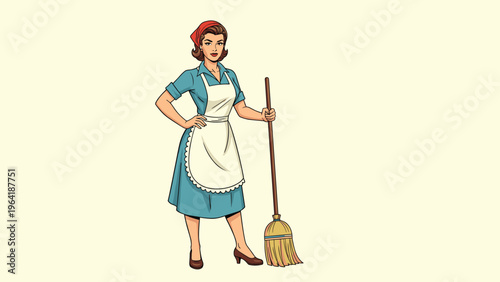 Retro-style illustration of a smiling housemaid or cleaner dressed in a blue uniform and white apron, confidently holding a classic broom.