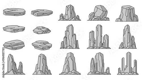 Comprehensive set of various grey rocks, stones, and distinct rock formations, ideal for landscape design or geological illustrations.