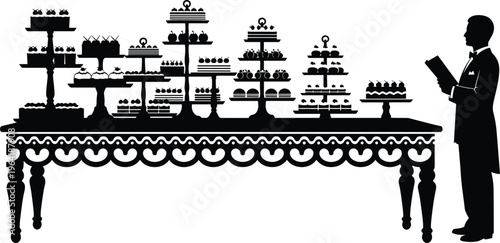 Elegant silhouette of a butler standing by a luxury dessert buffet table filled with cakes and pastries for high-end celebrations.