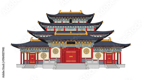Exquisite detailed illustration of a grand traditional East Asian temple or pagoda, featuring intricate architectural elements and vibrant colors.