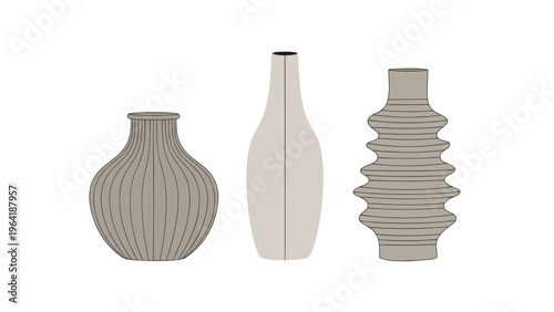 Collection of three minimalist and decorative vases in distinct shapes and textured designs, perfect for modern interior decor.