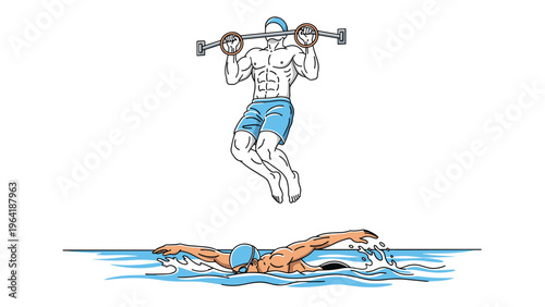 Two athletic men engaged in fitness activities, one performing pull-ups on gymnastic rings and the other swimming freestyle in a pool.