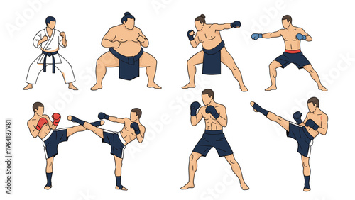 Dynamic collection of diverse martial artists and fighters demonstrating various combat styles, including karate, sumo, and kickboxing, in action poses.