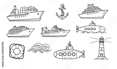 Minimal Ship and Submarine Doodle Vector Icon Set – Marine and Nautical Illustration