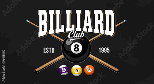 Retro-inspired emblem for a classic billiard hall or pool room, showcasing a prominent 8-ball, crossed cues, and vintage typography, perfect for a sports bar or game lounge