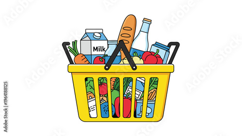 Vibrant yellow shopping basket completely filled and overflowing with a diverse assortment of fresh groceries and essential produce items.
