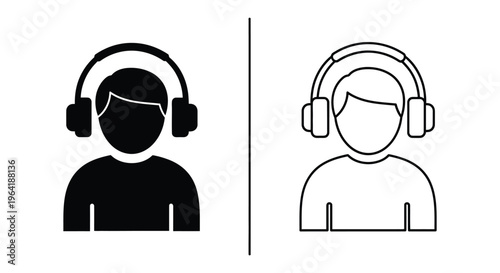 Headphone users silhouette and line art Vector