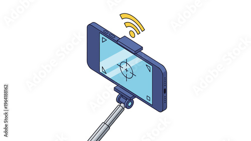 Smartphone mounted on a selfie stick, displaying a camera viewfinder with target reticles, indicating active Wi-Fi signal and readiness for capture.