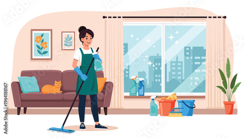 Cheerful woman wearing an apron and gloves, happily mopping the floor in a bright living room, surrounded by various cleaning supplies.