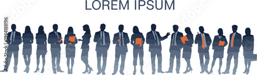 Silhouettes of diverse business people standing in a row with blue gradient layers and orange accents for professional corporate teamwork.