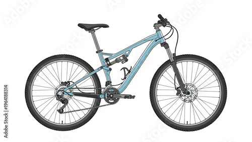 Detailed illustration of a modern light blue mountain bike featuring advanced suspension and disc brakes, ready for off-road adventures.