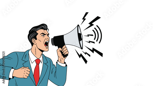 Energetic retro-style businessman in a suit and red tie, aggressively shouting into a megaphone with sound waves and lightning bolts.
