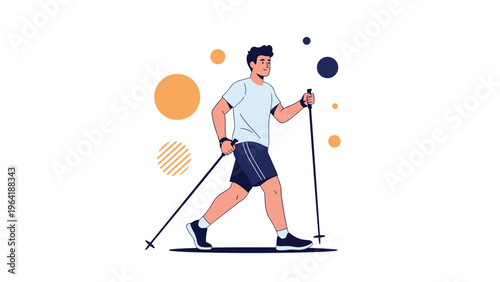 Active man engaged in Nordic walking, utilizing specialized poles for an enhanced full-body workout, set against an abstract background.