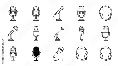 Extensive collection of various microphone and headset icons rendered in a clean outline style, representing audio recording and communication technology.