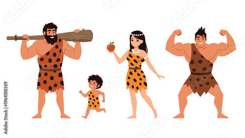 Diverse family of cavepeople, featuring a strong man with a club, a woman holding an apple, and a running child, representing ancient life.