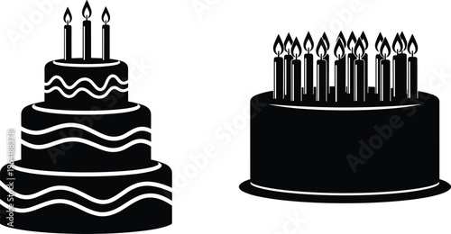 Black silhouettes of birthday cakes with candles including a three tier cake and a round cake for celebration and anniversary.