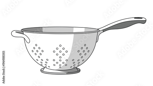 Classic metal colander with a sturdy handle and perforated bowl, essential kitchen utensil for draining and rinsing food, isolated on white.