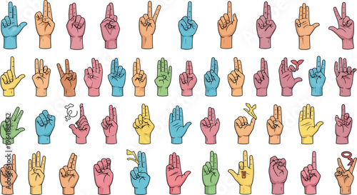 Multicolored Hands Signing Alphabet Letters Isolated on White Background