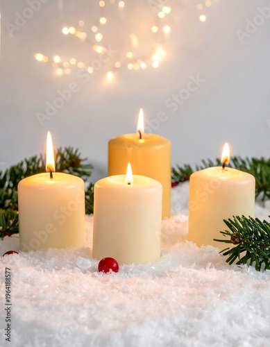 Candles in Snow with Christmas Lights, a Festive Holiday Scene.