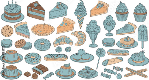 Delicious Collection of Desserts and Sweets Including Cakes, Ice Cream, Cookies, Donuts, and Pastries for Bakery and Food Designs