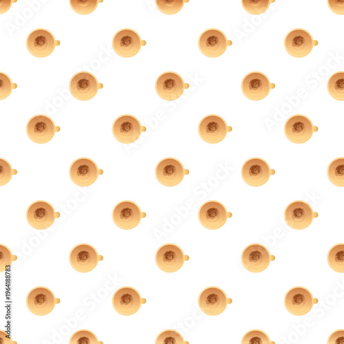 Coffee cups arranged in an all over repeating pattern on white background