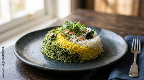 Colorful Persian rice dish with herbs and almonds on rustic table