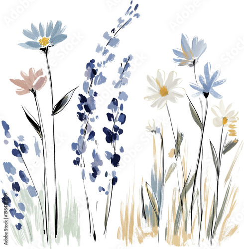 Cute little minimal blue flowers watercolor illustration clipart. Set watercolor design elements of roses collection garden navy blue flowers, leaves, gold branches, Botanic illustration isolate