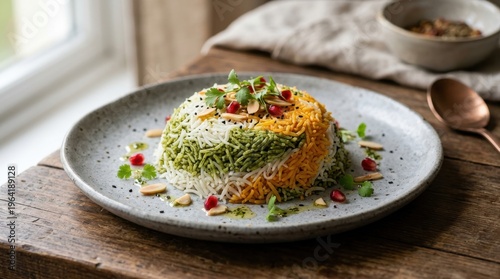 Colorful Persian rice dish with herbs and pomegranate seeds on rustic table